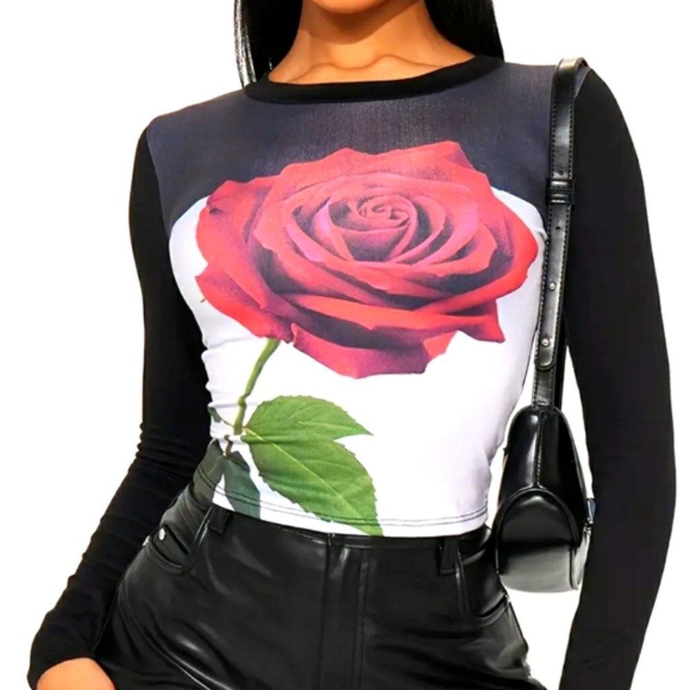 Long Sleeve Crop Top with Huge Rose Size XL NEW NWOT